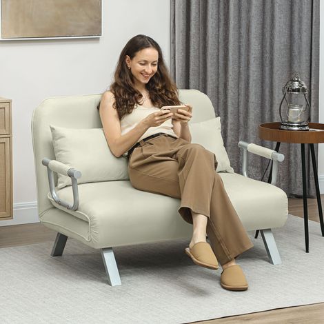 Sofá Cama de 2 Plazas con Respaldo Ajustable en 5 Posiciones Tapizado con Tacto de Ante y Cojines 111x80x78 cm Crema (1/5)
