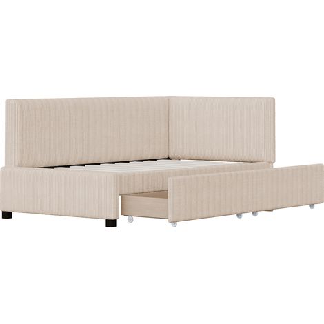 Cama tapizada 90 x 200 cm con 2 grandes cajones de almacenaje y somier de láminas beige (1/5)