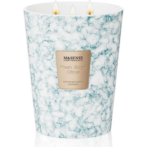 Grande bougie parfumée 990g avec 3 mèches  Parfum frais sauge-agrumes  Cire de soja  150h de combustion