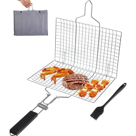 Panier Barbecue Acier Inoxydable Pliable 32x22 cm - Poignée, Brosse et Sac Inclus - Grille pour Poisson, Steak, Légumes et Crevettes (1/5)