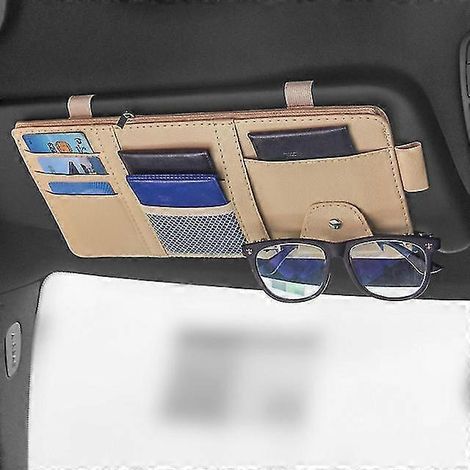 Organisateur de pare-soleil de voiture multipoches, accessoires intérieurs auto, pochette de rangement, porte-stylo, organisateur de documents de voiture crème (1/5)