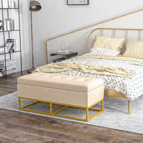 Banc avec espace de rangement, banc pliant avec couvercle rabattable aspect velours beige, méridienne avec pieds en acier 110x44x49 cm pour entrée ou salon (1/5)