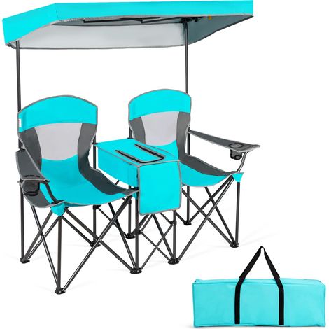 Silla de camping plegable de 2 plazas 166,5 x 72 x 151 cm capota ajustable práctico almacenamiento tacto acogedor tela Oxford azul 200011294