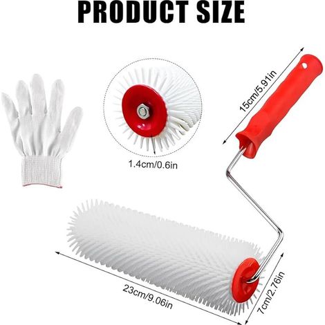 Rouleau Debulleur 23cm, Rouleau à pointes Dents de 14 mm Anti Mousse, Rouleau Debulleur Ragreage avec Gants pour Auto-nivelant Anti-Bulles, Construction Sol (Poils rigides)