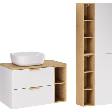 Ensemble meuble simple vasque 80cm 2 niches et colonne Oria Blanc mat (1/5)