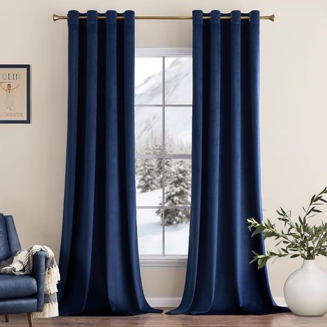 Rideau Velours Bleu Marine Lot de 2, Super Doux Semi-occultant Rideaux à Oeillets, Rideau Thermique Velours pour Chambre Salon Décoration, 132X244 CM (1/5)
