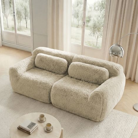 Divano modulare 2 posti kaki chiaro in tessuto peluche senza struttura con cuscini e base antiscivolo (1/5)