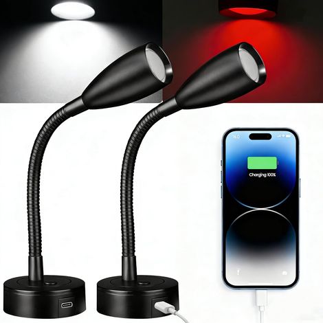 2 x 12V Camper Van Reading Lamp, Dimmable Goose Neck Spot 24V LED with Type-C 20W for Motorhome Caravan Batea Van Car Truck Bus Yacht (Black, 4000K) (1/5)