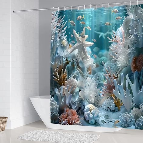 rideau de douche océan coquillage et étoile de mer corail entretien facile comprend des crochets lavable en 80 x 180 cm 1 Polyester Bleu (1/5)