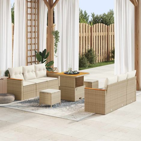 Salon de jardin 9 pièces en polyrotin beige avec canapé modulable, table et poufs - PANGIVO (1/5)