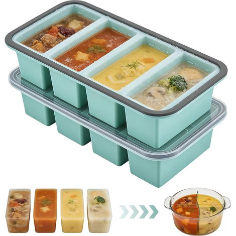 Ensemble de 2 récipients pour la congélation de soupes, plateau de congélation en silicone à 6 compartiments avec couvercle, idéal pour les soupes, bouillons, sauces et glaçons, sans BPA