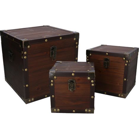 Set 3 Scatole in legno in Similpelle marrone quadro (1/2)