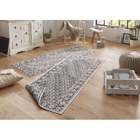 Tapis d'extérieur réversible Curacao résistant aux intempéries, motif graphique moderne, pour balcon, terrasse, jardin, jardin d'hiver, tapis de salon imperméable, polypropylène, noir crème (1/5)