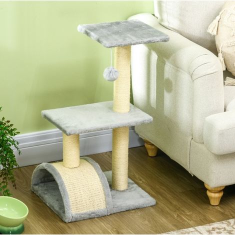 Tiragraffi in sisal e peluche grigio chiaro, design multilivello con piattaforme, gioco e riposo, 40 x 35 x 72 cm (1/5)
