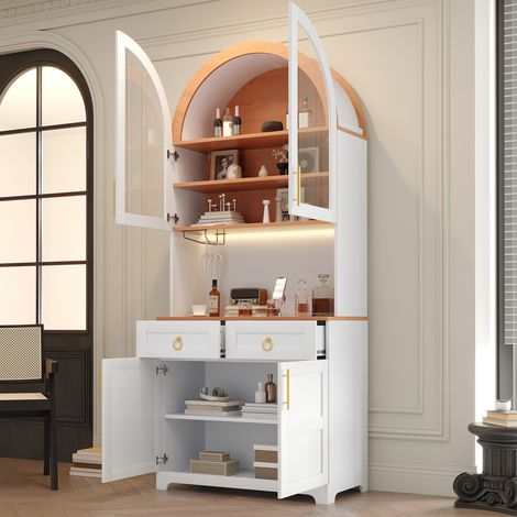 Aparador vajillero alto de 180 cm, mueble bar cafetero con vitrina en arco, LED y tomas USB, estilo francés moderno para comedor y salón, blanco (1/5)