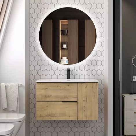 Meuble de salle de bain vasque centrée - roble (chêne clair) - KING et miroir Led SOLEN - 80cm (1/5)