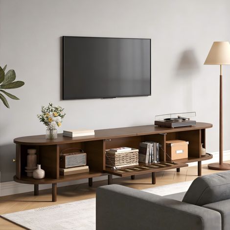 Mueble TV con 1 Puerta Abatible y 2 Puertas Enrollable, 5 Nichos, Salón, 180×40×40 cm (1/5)