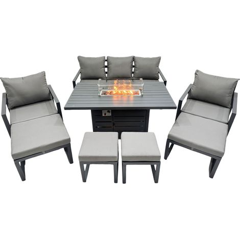 Fimous 9 Seat Outdoor Garden Furniture Set Aluminium Lounge 3 Seat Sofa Gas Fire Pit Table Sets with Chair 4 Stools Dark Grey (1/4)