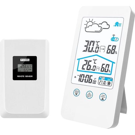 Station météo sans fil Flyland, thermomètre numérique d'intérieur sans fil, baromètre d'humidité, station météo, horloge avec capteur extérieur (blanc) (1/5)