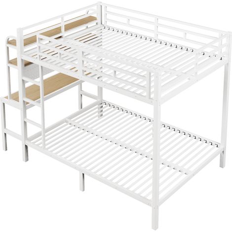 Lit superposé, 140 x 200 cm, cadre en fer, compartiment de rangement, bureau, bande lumineuse LED, port USB, barrières de sécurité, échelle, sans matelas, blanc (1/5)
