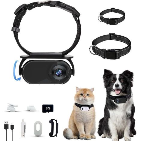 Collier caméra pour chat avec carte mémoire 8 Go, petite caméra sportive sans fil avec enregistrement vidéo 1080p haute définition, caméra corporelle pour animaux de compagnie en intérieur/extérieur (1/2)