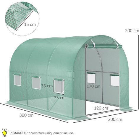 Bâche de serre PE 3x2m verte anti-UV, 6 fenêtres porte enroulable pour agriculture et potager