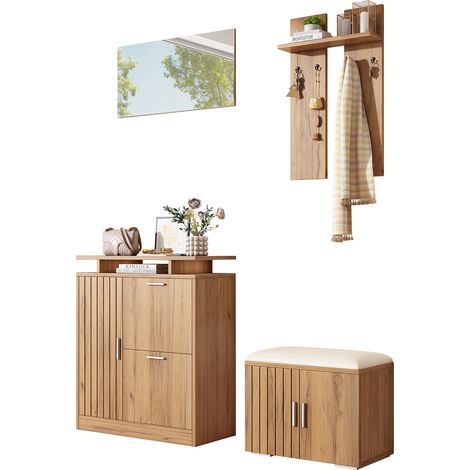 Porte-manteau mural Flur, ensemble de rangement avec banc et armoire à chaussures, miroir inclus, 4 crochets, 5 portes, bois naturel, 140×35×133 cm, meuble d'entrée compact. (1/5)