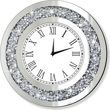 Horloge murale ronde argentée avec miroir en cristal transparent, 40 cm, idéale pour la décoration murale. Piles AA non incluses. (1/3)