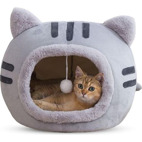 (Taille M) Maison pour chat d'intérieur semi fermée et lavable avec tapis amovible, fond antidérapant, chaude et confortable, convient aux animaux de compagnie. (1/5)