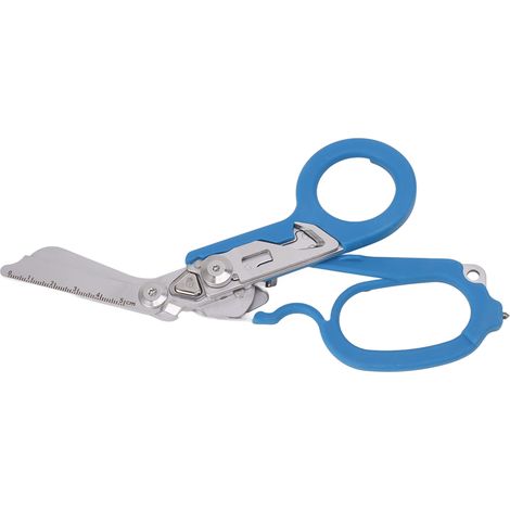 Ciseaux d'intervention d'urgence pliables avec coupe-anneau, brise-vitre et fonction de verrouillage pour une utilisation intérieure et extérieure (bleu). (1/5)