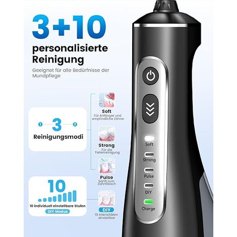 Jet Dentaire Hydropulseur Oral - 300 ML Sans Fil Irrigateur, 3+1 Modes, Étanche Water Flosser, pour Orthodontie, Appareil Dentaire, Gencives Sensibles Maison et Les Voyages(Noir) (1/4)
