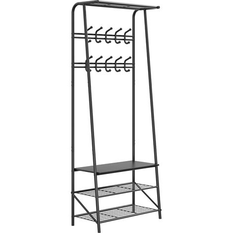Garderobenständer – Schwarz, zweireihige Haken, Breite 60 cm – Bis 160 kg Tragkraft – Schuhbank, Sitzbank – Metallrahmen – Für Flur, Wohnzimmer
