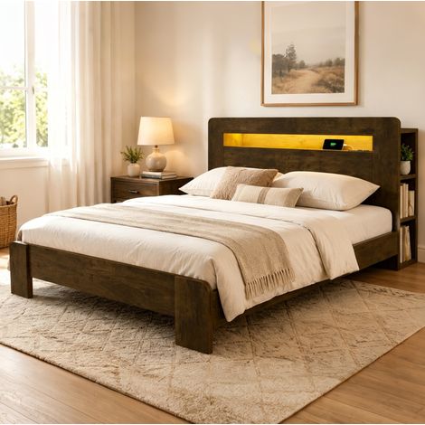 DESVIAE Lit plateforme en bois avec rangement de tête de lit éclairage LED prises intégrées style vintage 140 x 200 cm Natural (1/5)