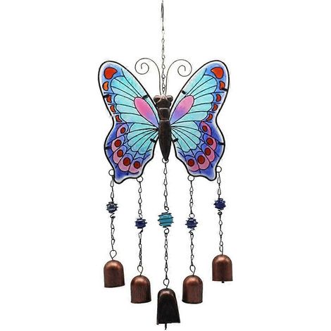 Carillon éolien papillon en fer et verre coloré, tube métallique, clochette décorative bleue (1/5)