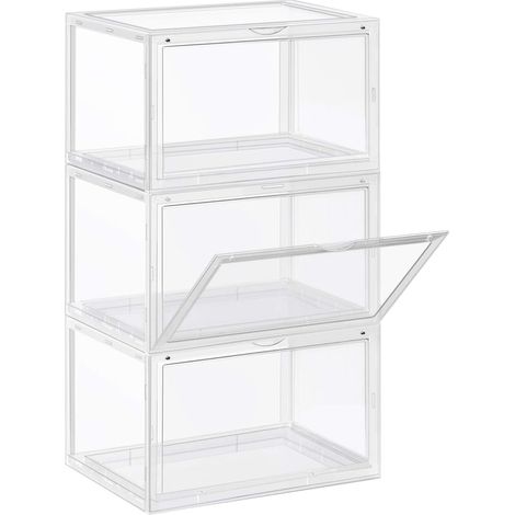 Cajas de Zapatos, Paquete de 3 Organizadores de Zapatos Apilables con Puerta Transparente, Zapatería de Plástico, Talla 46, 36 x 28 x 22 cm, Transparente (1/5)