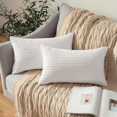 Lot de 2 Decorative Housses de Coussin en Velours Côtelé Canapé Taie d'oreiller Decoratif Douce pour Maison Salon Chambre Lit Bureau 30x50CM Blanc (1/5)