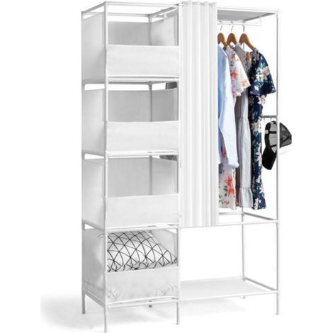 Armoire penderie suspendue 4 niveaux 105x45x170cm blanc, dressing tissu avec rideau et rangements (1/5)