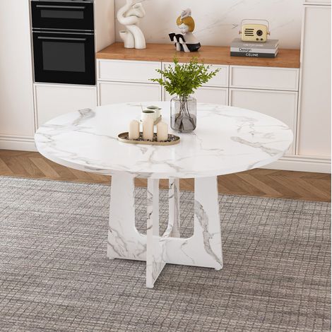 Tisch aus MDF 120 cm weiß Marmoroptik, rund, 4-6 Plätze, Höhe 76 cm (1/5)