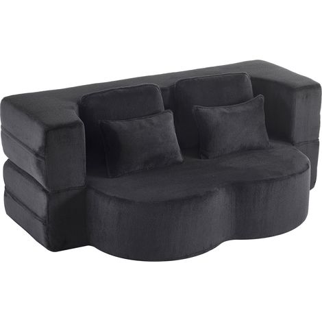 ELVMI Sofá recto 2 plazas con 4 cojines, espuma de alta densidad y muelles, en tejido, Negro (1/4)