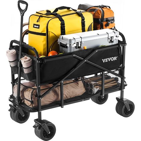 VEVOR Carrello Pieghevole a Due Piani, Carrello Multiuso per Carichi Pesanti da 300 L con Ruote Adatte a Tutti Terreni,  Capacita di Peso di  204,12 kg per Campeggio, Sport, Shopping, Nero