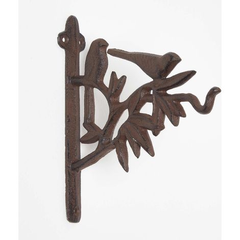 HOMESCAPES Brown Cast Iron Bird Hanging Basket Hook (1/4)