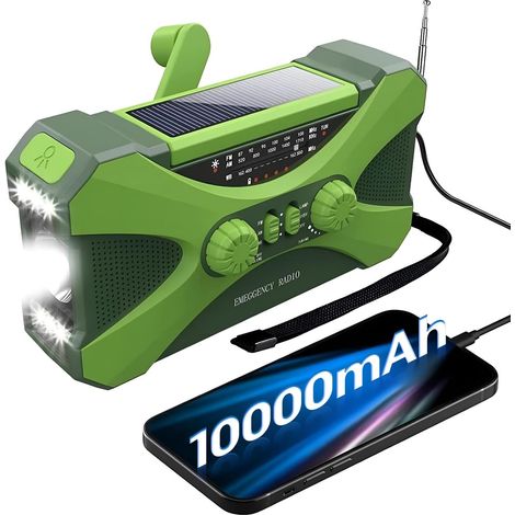 Radio d'urgence avec cellules solaires et manivelle, AM/FM à énergie solaire, batterie externe de 10 000 mAh, aide à la survie. (1/5)