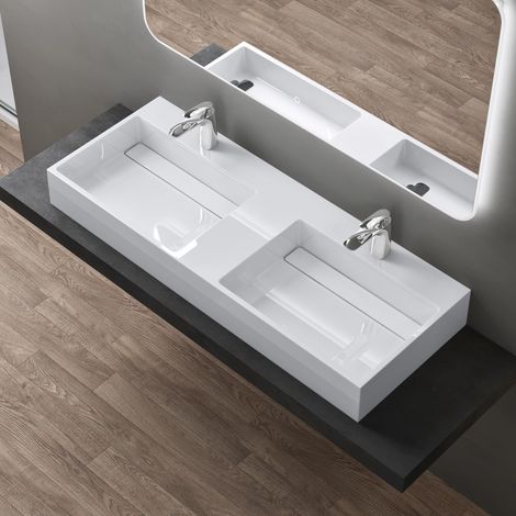 doporro Lavabo doppio Sospeso Lavabo da Appoggio Rettangolare in Marmo Resina Bianco Lucido, Vasca Doppia 120x48x13 cm con 2 Fori Rubinetto e Piletta Scarico, Colossum12 (1/5)