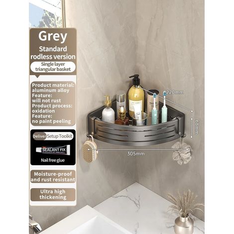 (Triangle gris JS68) Étagère murale en aluminium pour salle de bain, rangement pour shampoing, organisateur de cuisine, sans perçage. (1/5)
