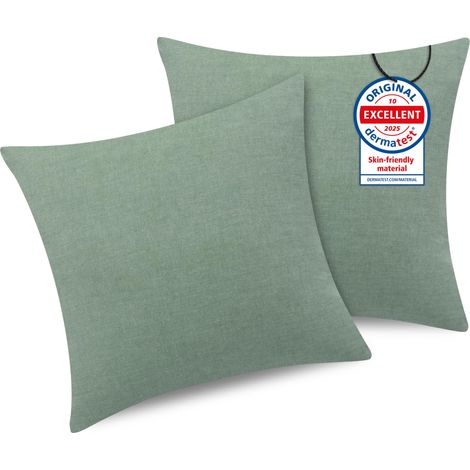 Taie Oreiller 50x50 Cm,Taie d'oreiller Lot De 2, 100% Coton Lavé, Housse Coussin avec Fermeture Eclair, Doux Resistant Et Confortable, Vert Taie (1/5)