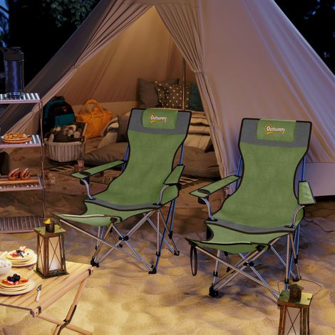 Juego de 2 sillas plegables de camping con reposapiés y portavasos, 82x50/100x88 cm, color verde.