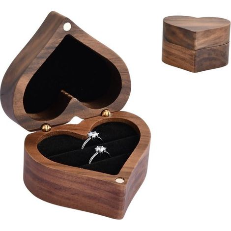 Herzförmige Ringbox, Ringbox aus Walnussholz, doppelt gerillte, schwarz samtgefütterte Ringbox, Ringhalter aus Holz, Ohrringhalter (1/5)