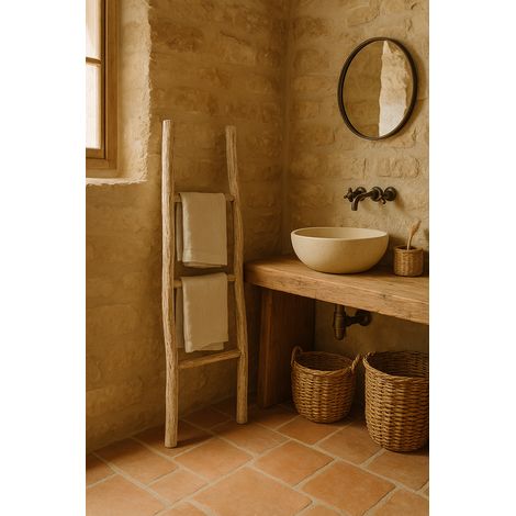 Ladder towel rack wooden modern bathroom floor standing wall Decorative towel rack ladder Towel hanger Object and vase holder (1/5)