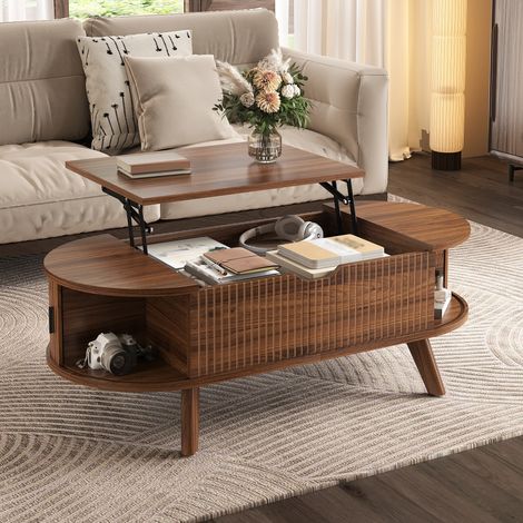 Table basse ovale avec plateau relevable 110x50x53,5 cm en MDF, rangement caché, portes coulissantes et design cannelé - Noyer (1/5)