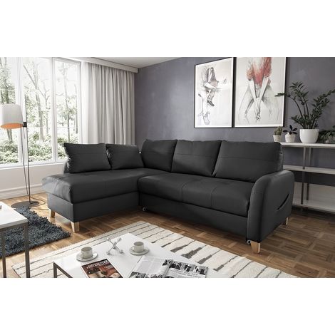 Canapé d'angle convertible en cuir de luxe italien , 5 places CONFORIA, noir, angle gauche (1/5)
